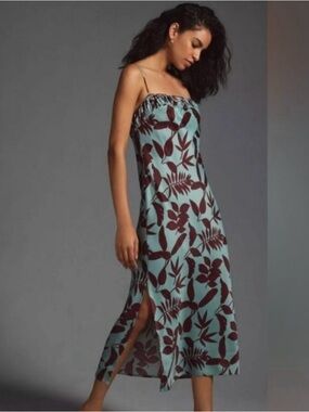 Anthropologie Floral Print Midi Dress in Teal and Burgundy